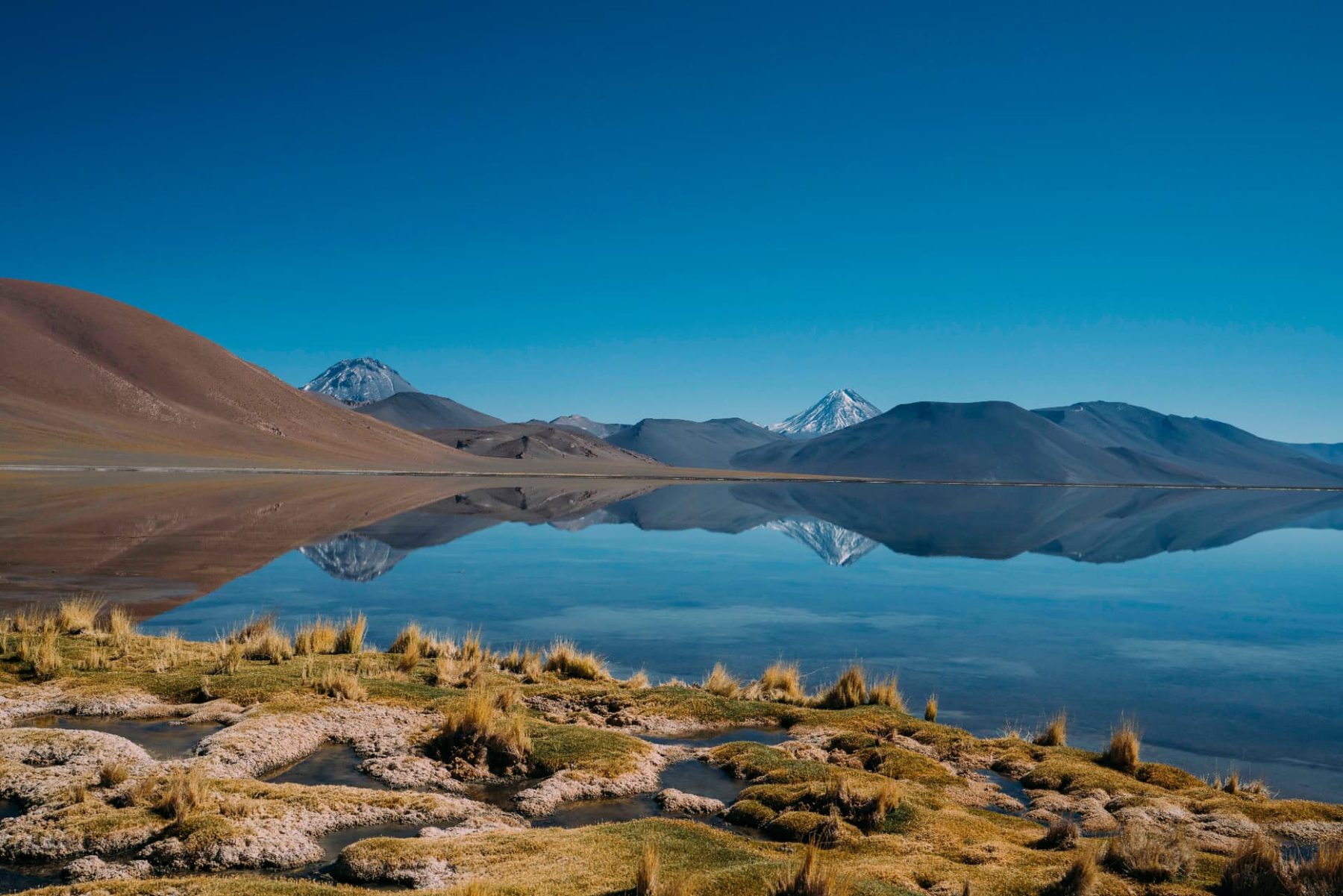 Lagoa altiplânica refletindo montanhas e vulcões nevados